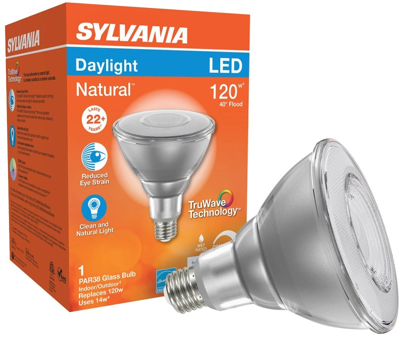 Sylvania 40906 Natural LED Bulb, PAR38 Lamp, 90 W Equivalent, E26 Medium Lamp Base, Dimmable, Clear, Daylight