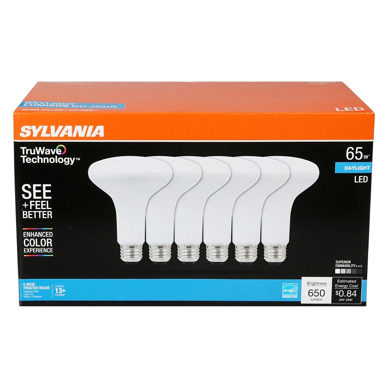 Sylvania Natural Series 41329 LED Bulb, BR30 Lamp, 65 W Equivalent, E26 Medium Lamp Base, Dimmable, Frosted, Daylight