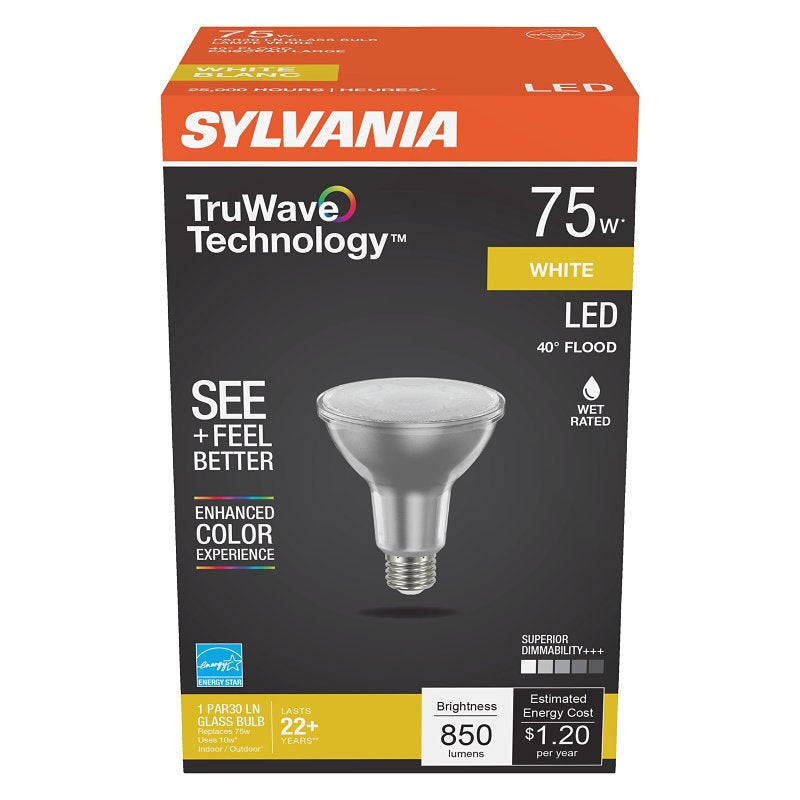 Sylvania Natural Series 40912 LED Bulb, 850 Lumens, 10 W, PAR30LN Lamp, 75 W Equivalent, E26 Medium Lamp Base, Dimmable
