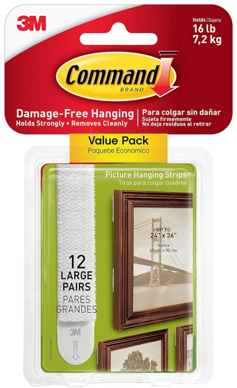 Command 17206-12ES Large Picture Hanging Strip, 3/4 in W, 3-5/8 in L, Foam Backing, White, 4 lb, Pack of 6
