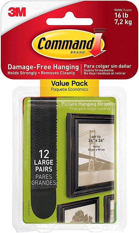 Command 17206BLK-12ES Large Picture Hanging Strip, 3/4 in W, 3-5/8 in L, Foam Backing, Black, 4 lb