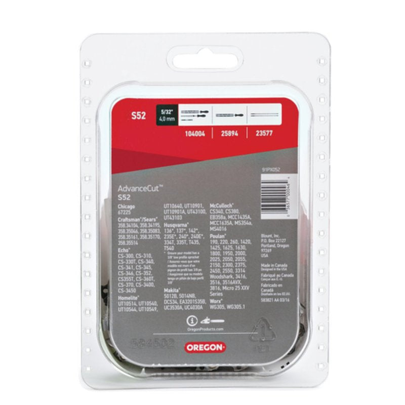 Oregon S52 Chainsaw Chain, 14 in L Bar, 0.05 in, 3/8 in TPI/Pitch, 52-Link