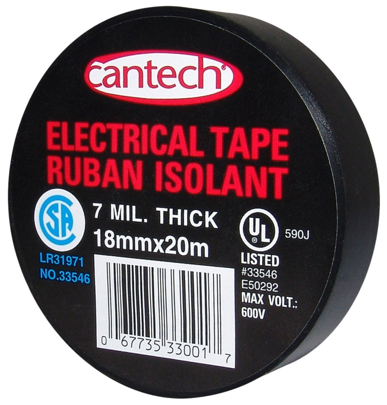 Cantech 330-01 Electrical Tape, 20 m L, 18 mm W, PVC Backing, Black, Pack of 6