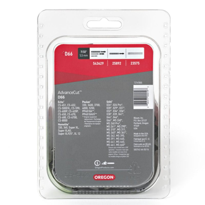 Oregon D66 Chainsaw Chain, 18 in L Bar, 0.05 in, 3/8 in TPI/Pitch, 66-Link