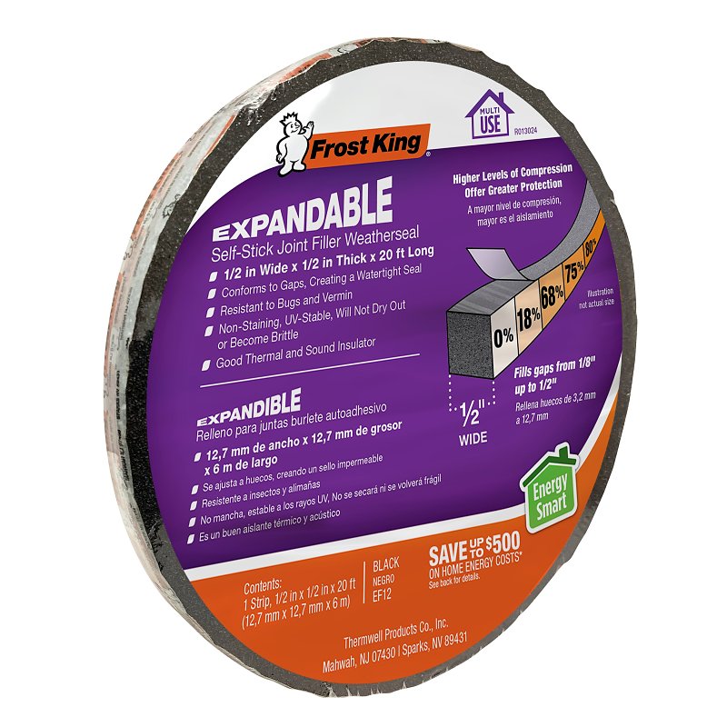 Frost King EF12 Expandable Foam Weather Seal, 1/2 in W, 20 ft L, 1/2 in Thick, Black