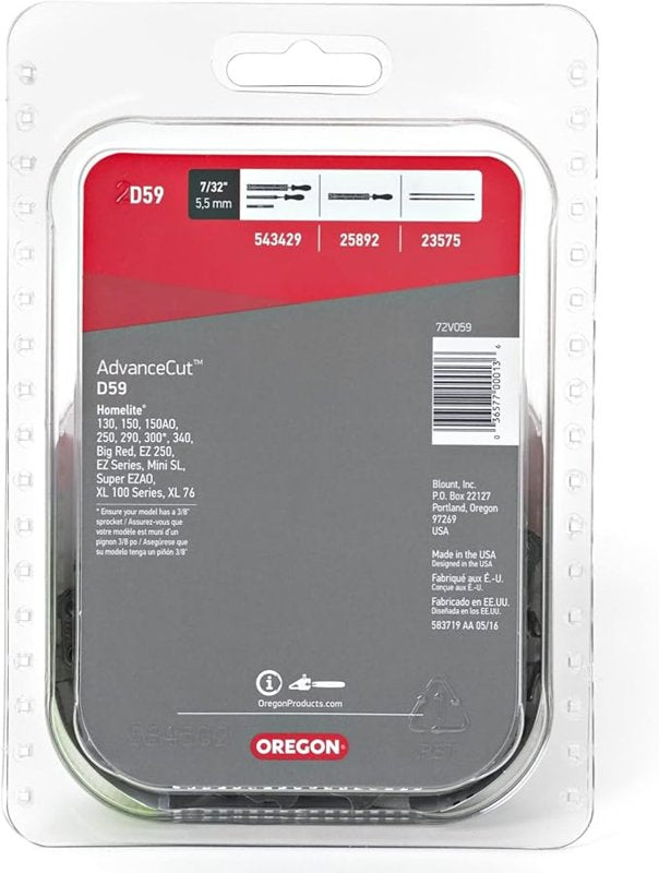 Oregon D59 Chainsaw Chain, For: Craftsman/Sears, Cub Cadet, Earthwise, Echo, Efco-Emark Chainsaws, 16 in L Bar, 0.05
