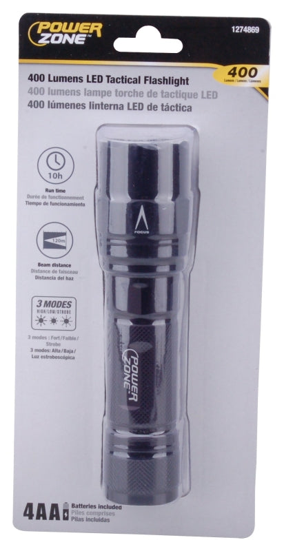 PowerZone 12083 Tactical Flashlight, AA Battery, LED Lamp, 400 Lumens, 120 m Beam Distance, 10 hrs Run Time, Black