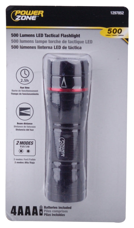 PowerZone 12093 Tactical Flashlight, AAA Battery, LED Lamp, 500 Lumens, 140 m Beam Distance, 2.5 hr Run Time, Black/Red