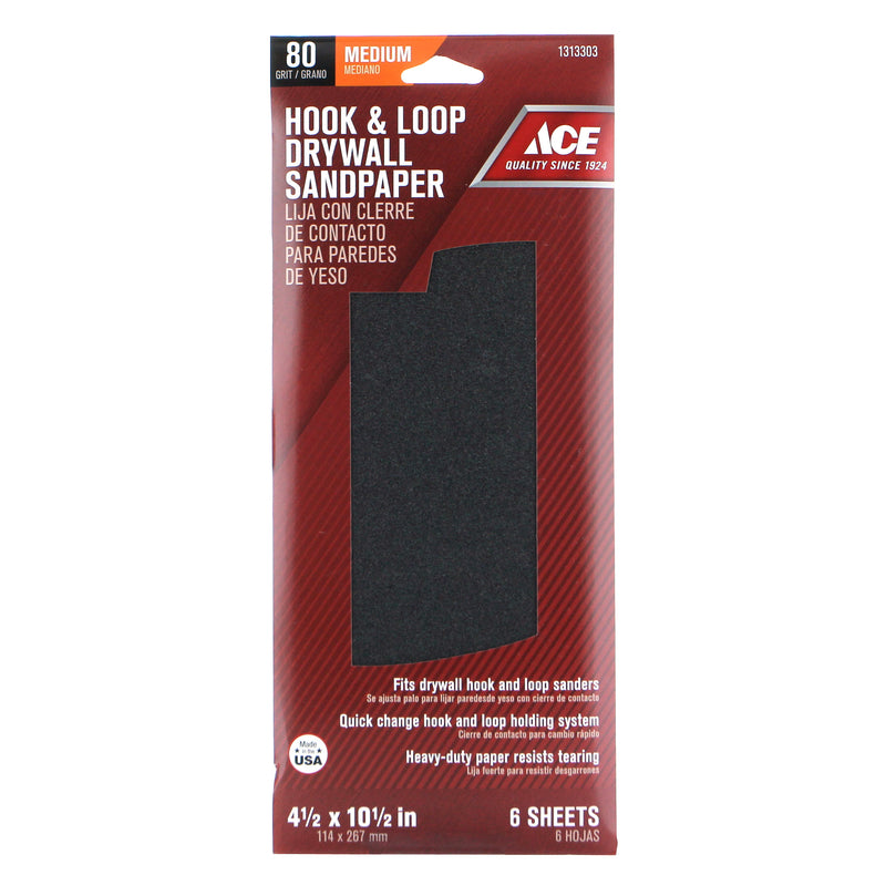 Ace 10-1/2 in. L X 4-1/2 in. W 80 Grit Silicon Carbide Drywall Sanding Sheet 6 pk, Pack of 5