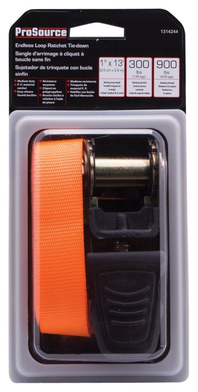 ProSource FH64070-1 Tie-Down, 1 in W, 13 ft L, Polyester Webbing, Metal Ratchet, Orange, 300 lb, Webbing End Fitting