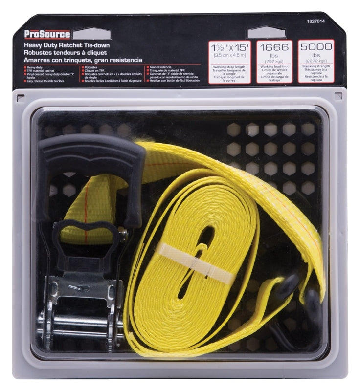 ProSource FH64071 Tie-Down, 1-1/2 in W, 15 ft L, Polyester Webbing, Metal Ratchet, Yellow, 1666 lb, Steel End Fitting