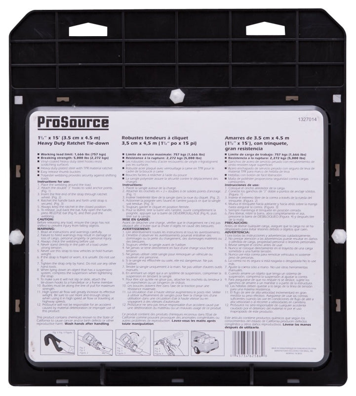 ProSource FH64071 Tie-Down, 1-1/2 in W, 15 ft L, Polyester Webbing, Metal Ratchet, Yellow, 1666 lb, Steel End Fitting