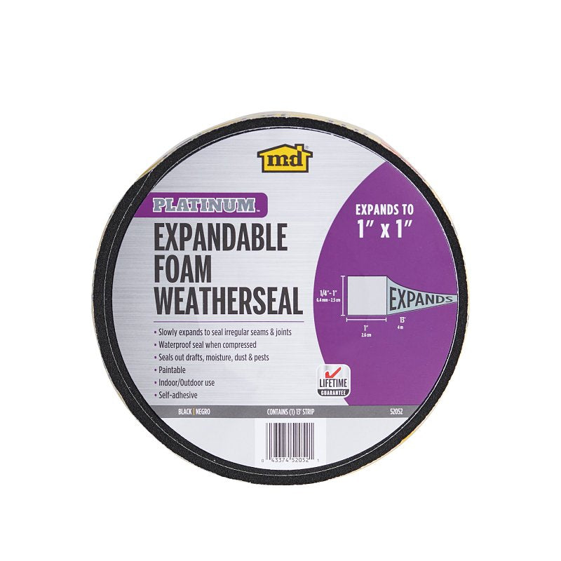 M-D 52052 Expandable Weatherseal, 1 in W, 13 ft L, 1 in Thick, Foam, Black