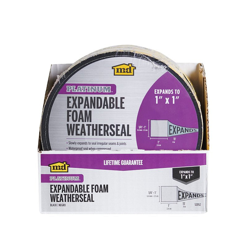 M-D 52052 Expandable Weatherseal, 1 in W, 13 ft L, 1 in Thick, Foam, Black