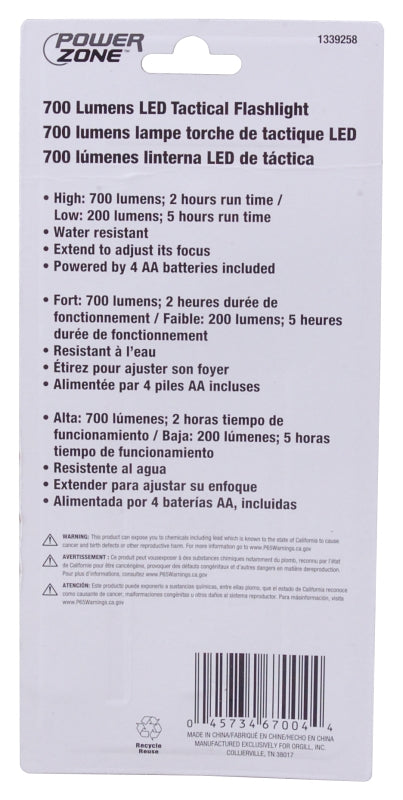 PowerZone 12098 Tactical Flashlight, AA Battery, LED Lamp, 700 Lumens, 150 m Beam Distance, 5 hr Run Time, Black