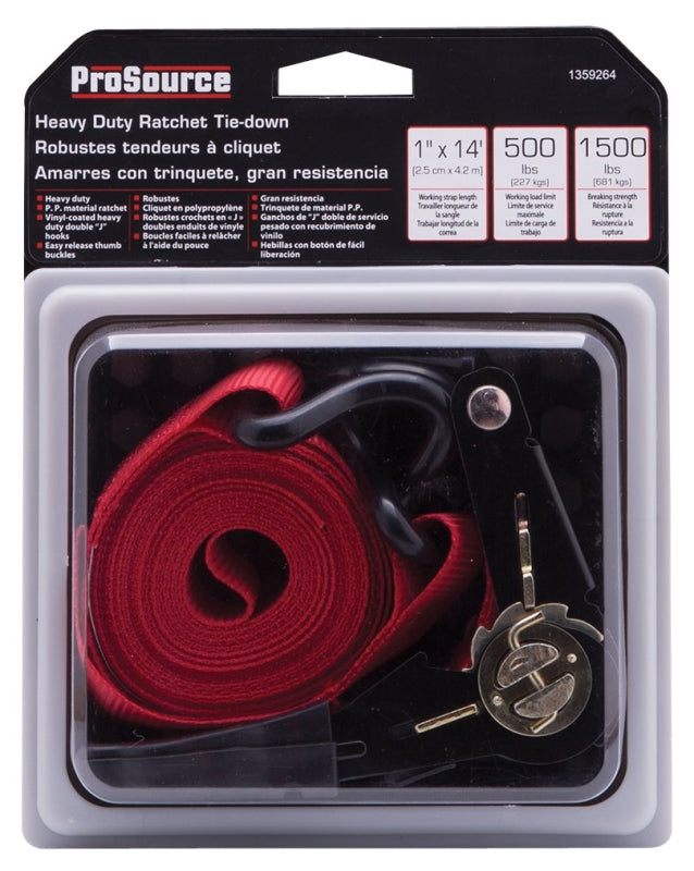 ProSource FH64057 Tie-Down, 1 in W, 14 ft L, Polyester Webbing, Metal Ratchet, Red, 500 lb, Double J-hook End Fitting