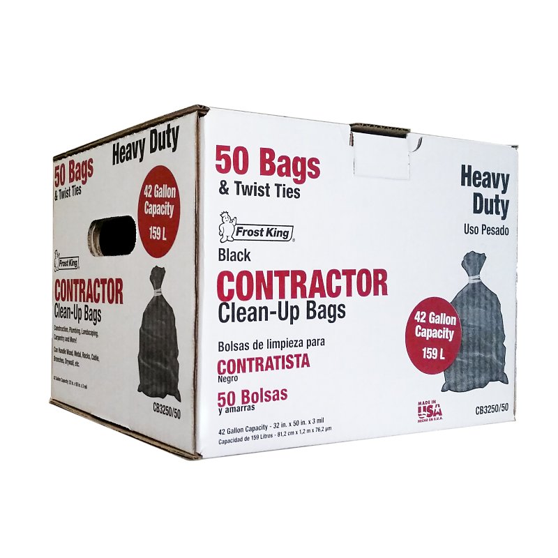 Frost King CB3250/50 Contractor Clean-Up Bag, 42 gal, Black, 50/BAG