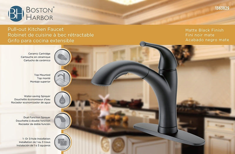 Boston Harbor TOBI21040011BL Pull Out Kitchen Faucet, 1.8 gpm, 1-Faucet Handle, 1, 3-Faucet Hole, Metal/Plastic