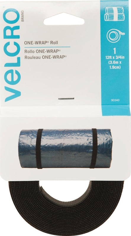 VELCRO Brand One Wrap 90340 Hook and Loop Fastener, 3/4 in W, 12 ft L, Nylon/Polypropylene, Black