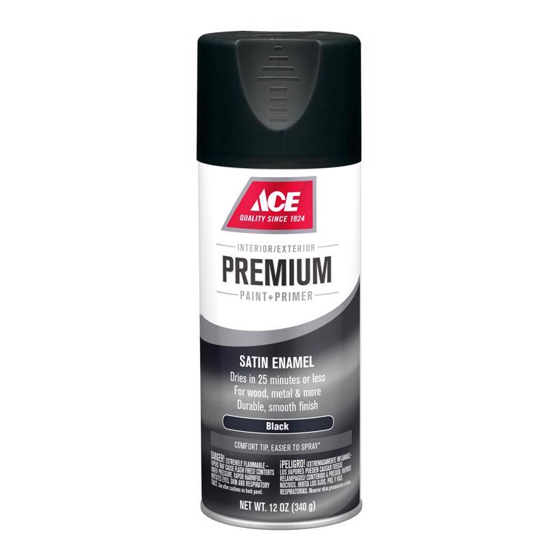 Ace Premium Satin Black Paint + Primer Enamel Spray 12 oz, Pack of 6
