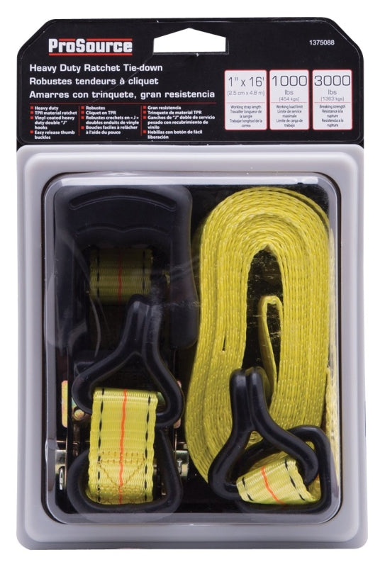 ProSource FH64058 Tie-Down, 1 in W, 16 in L, Yellow, J-Hook End Fitting, Steel End Fitting
