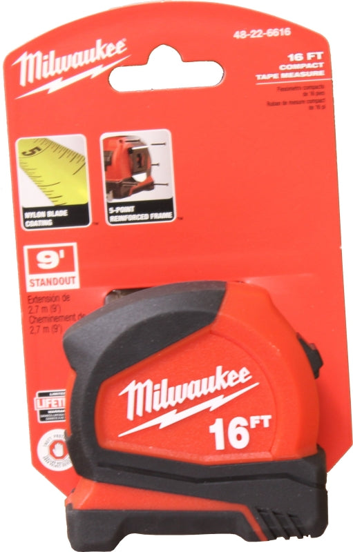 Milwaukee 48-22-1716 Compact Tape Measure, 16 ft L Blade, 1 in W Blade, Steel Blade, ABS Case, Black/Red Case