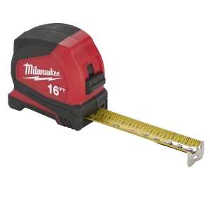 Milwaukee 48-22-1716 Compact Tape Measure, 16 ft L Blade, 1 in W Blade, Steel Blade, ABS Case, Black/Red Case