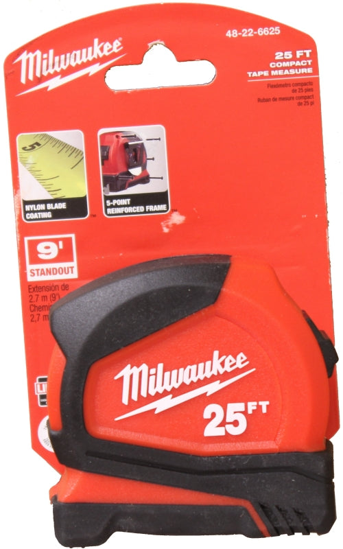 Milwaukee 48-22-1725 Compact Tape Measure, 25 ft L Blade, 1 in W Blade, Steel Blade, ABS Case, Black/Red Case