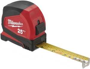Milwaukee 48-22-1725 Compact Tape Measure, 25 ft L Blade, 1 in W Blade, Steel Blade, ABS Case, Black/Red Case