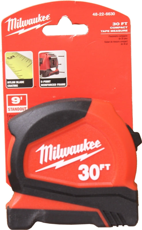 Milwaukee 48-22-1730 Compact Tape Measure, 30 ft L Blade, 1 in W Blade, Steel Blade, ABS Case, Black/Red Case
