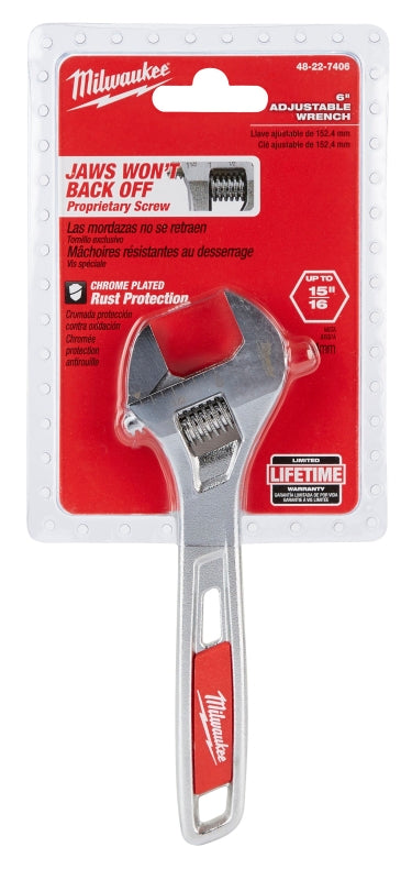 Milwaukee 48-22-7406 Adjustable Wrench, 6 in OAL, 15/16 in Jaw, Steel, Chrome-Plated, Ergonomic Handle