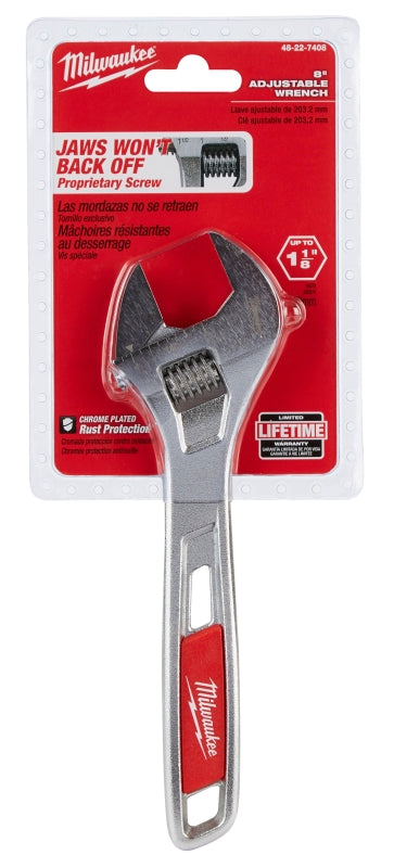 Milwaukee 48-22-7408 Adjustable Wrench, 8 in OAL, 1-1/8 in Jaw, Steel, Chrome-Plated, Ergonomic Handle