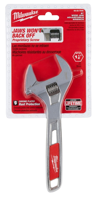 Milwaukee 48-22-7508 Adjustable Wrench, 8 in OAL, 1-1/2 in Jaw, Steel, Chrome-Plated, Ergonomic Handle