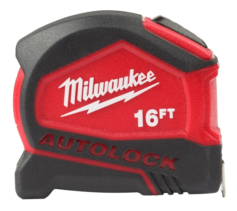 Milwaukee 48-22-1816 Auto-Lock Tape Measure, 16 ft L Blade, 1 in W Blade, Steel Blade, ABS Case, Black/Red Case