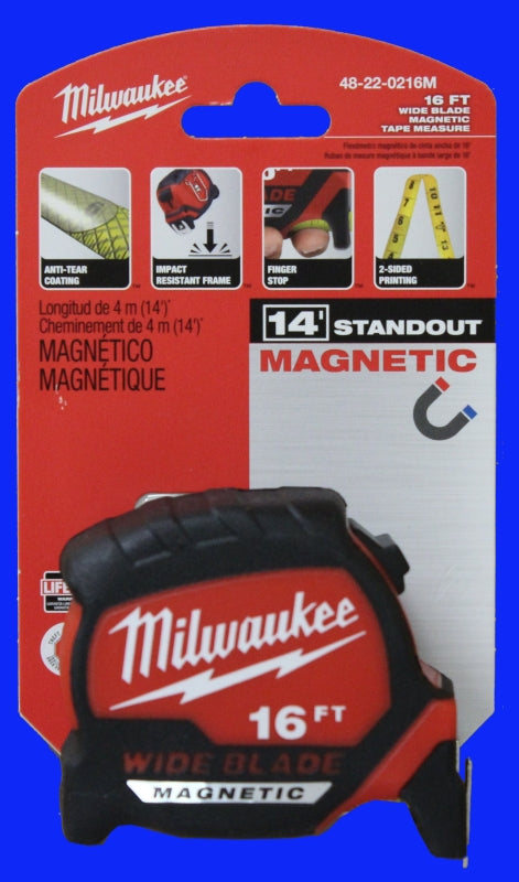 Milwaukee 48-22-1216M Tape Measure, Wide Blade, 16 ft L Blade, 1-5/16 in W Blade, Steel Blade, ABS Case, Black/Red Case