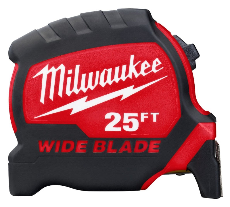 Milwaukee 48-22-1225 Tape Measure, 25 ft L Blade, 1-3/8 in W Blade, Steel Blade, Plastic Case, Black/Red Case