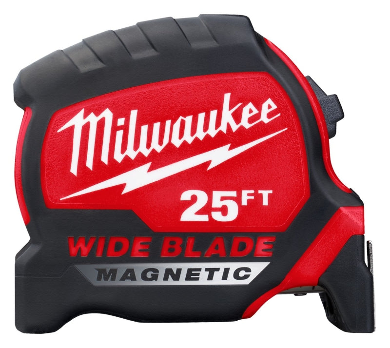 Milwaukee 48-22-1225M Magnetic Tape Measure, 25 ft L Blade, 1-3/8 in W Blade, Steel Blade, Plastic Case, Black/Red Case