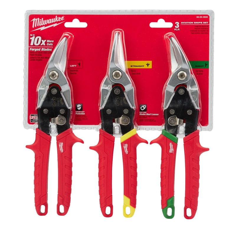 Milwaukee 48-22-4563 Aviation Snip Set, 3-Piece, Steel/TPR, Chrome-Plated, Green/Red/Yellow