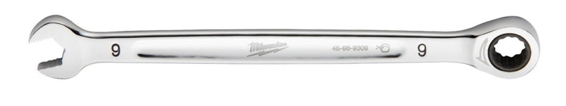 Milwaukee 45-96-9309 Ratcheting Combination Wrench, Metric, 9 mm Head, 6.14 in L, 12-Point, Steel, Chrome-Plated
