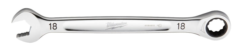 Milwaukee 45-96-9318 Ratcheting Combination Wrench, Metric, 18 mm Head, 9.55 in L, 12-Point, Steel, Chrome-Plated