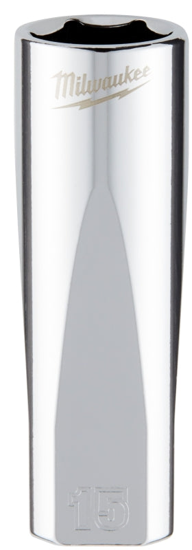 Milwaukee 45-34-0015 Deep Socket, 15 mm Socket, 3/8 in Drive, 6-Point, Chrome Vanadium Steel, Chrome-Plated