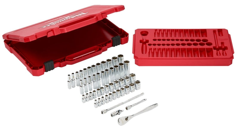 Milwaukee 48-22-9004 Ratchet and Socket Set, Chrome Vanadium Steel, Chrome-Plated, Red