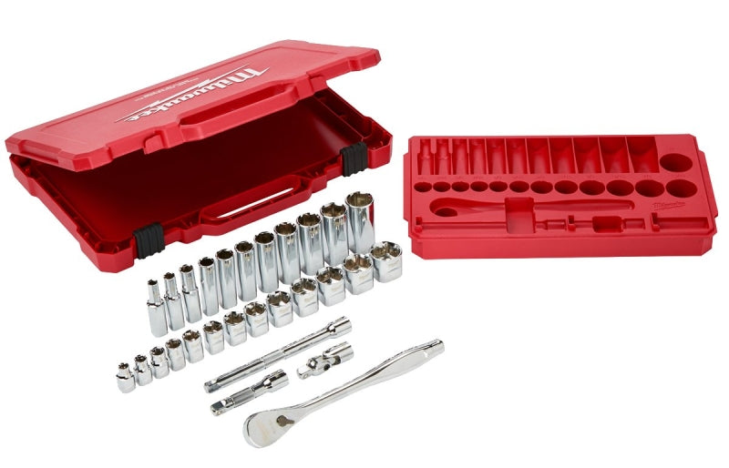 Milwaukee 48-22-9408 Ratchet and Socket Set, Alloy Steel, Chrome-Plated, Red