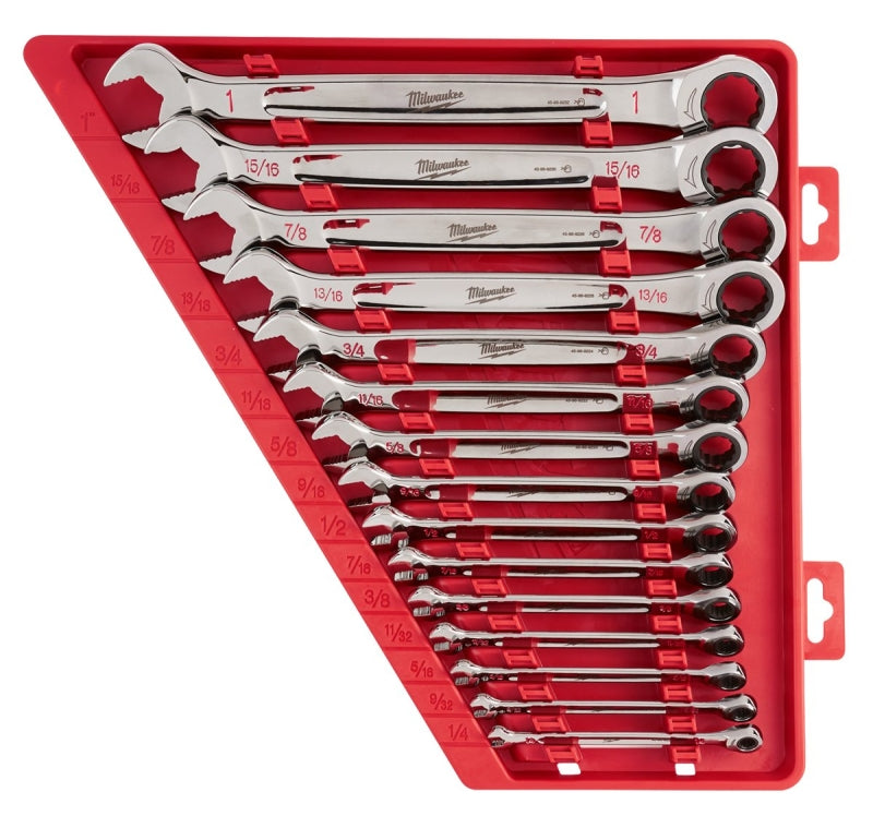 Milwaukee 48-22-9416 Ratcheting Combination Wrench Set, 15-Piece, Alloy Steel, Chrome-Plated