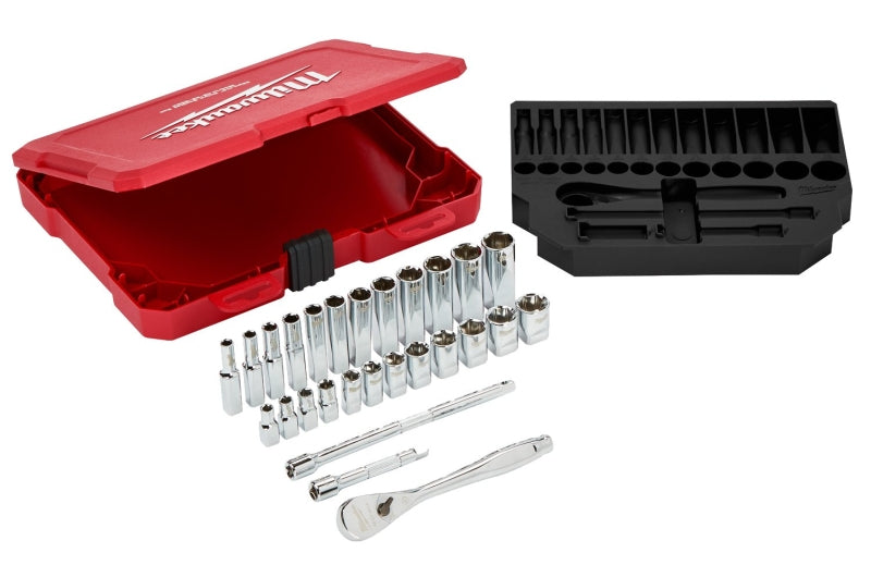 Milwaukee 48-22-9504 Ratchet and Socket Set, Chrome Molybdenum Steel, Chrome-Plated, Red