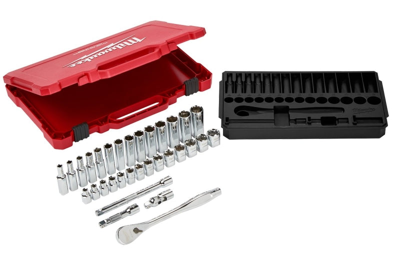 Milwaukee 48-22-9508 Ratchet and Socket Set, Alloy Steel, Chrome-Plated, Red