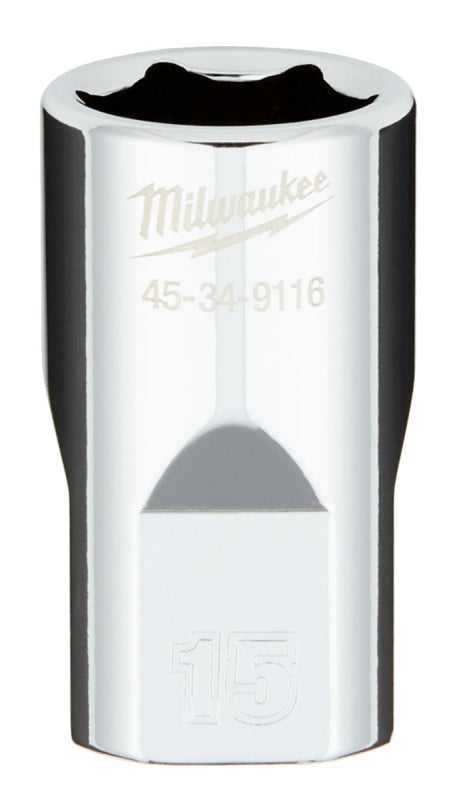 Milwaukee 45-34-9116 Socket, 15 mm Socket, Standard Socket, 1/2 in Drive, 6-Point, Chrome Vanadium Steel, Chrome
