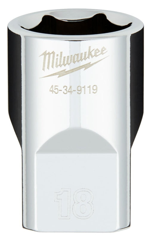 Milwaukee 45-34-9119 Socket, 18 mm Socket, 1/2 in Drive, 6-Point, Chrome Vanadium Steel, Chrome-Plated