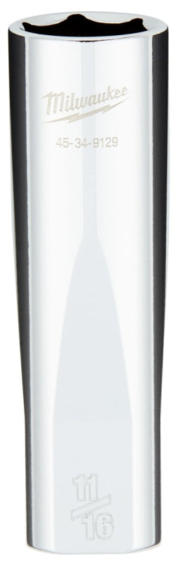 Milwaukee 45-34-9129 Deep Socket, 11/16 in Socket, 1/2 in Drive, 6-Point, Chrome Vanadium Steel, Chrome-Plated