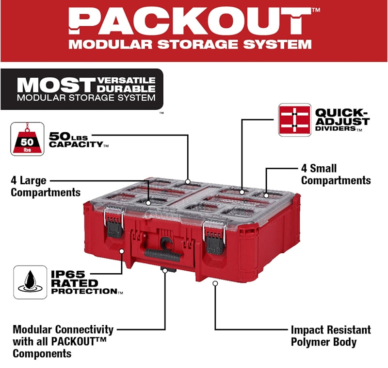 Milwaukee PACKOUT 48-22-8432 Deep Organizer, 50 lb, Polymer, Black/Red